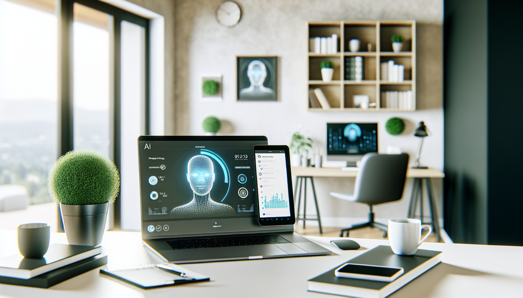 AIとリモートワークの融合を示すモダンなホームオフィス環境