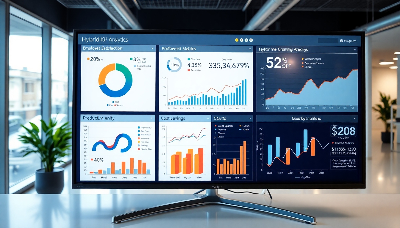 ハイブリッドワークのKPI測定を示すダッシュボードと分析チャート