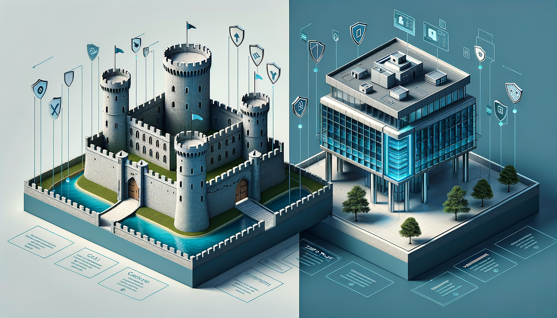 境界型防御とゼロトラストモデルの比較図