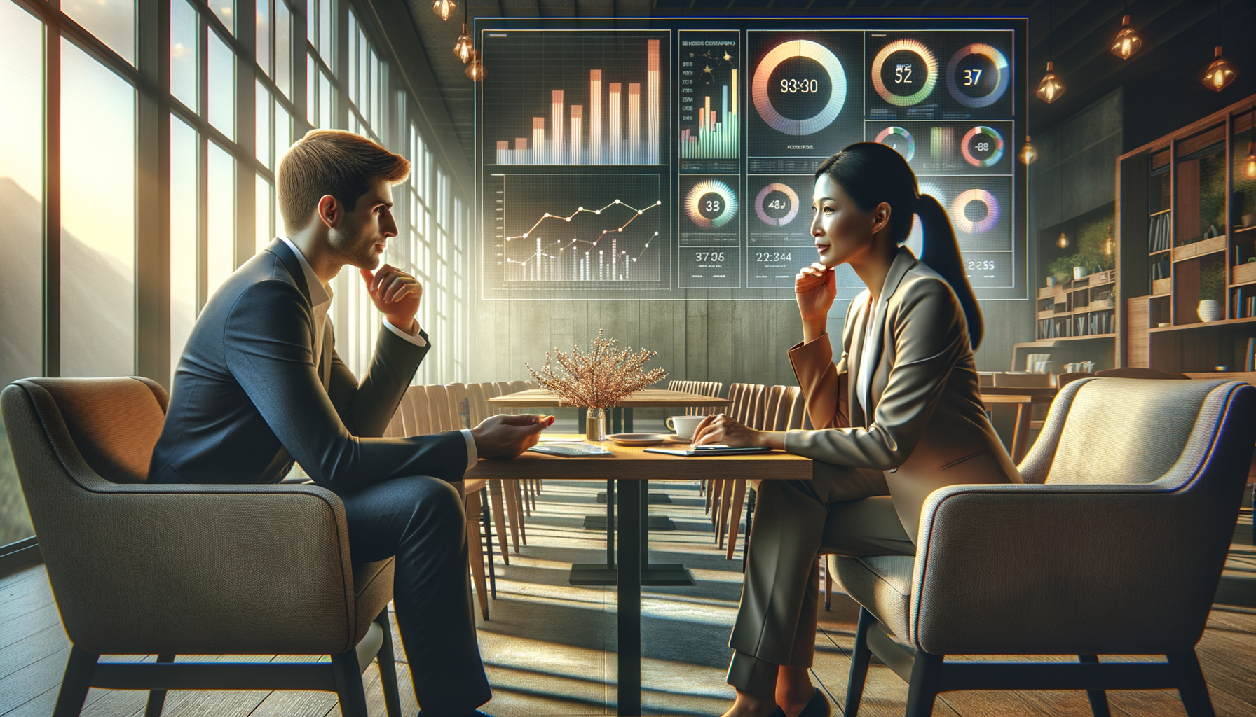 公正な評価を象徴する天秤と、対話する人々